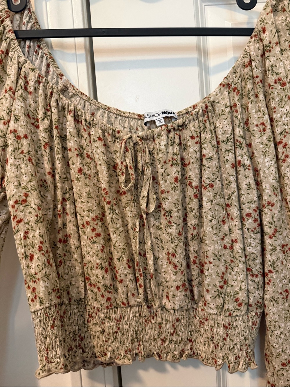 Fashion Nova Beige Floral Cropped Peasant Top with Red Accents